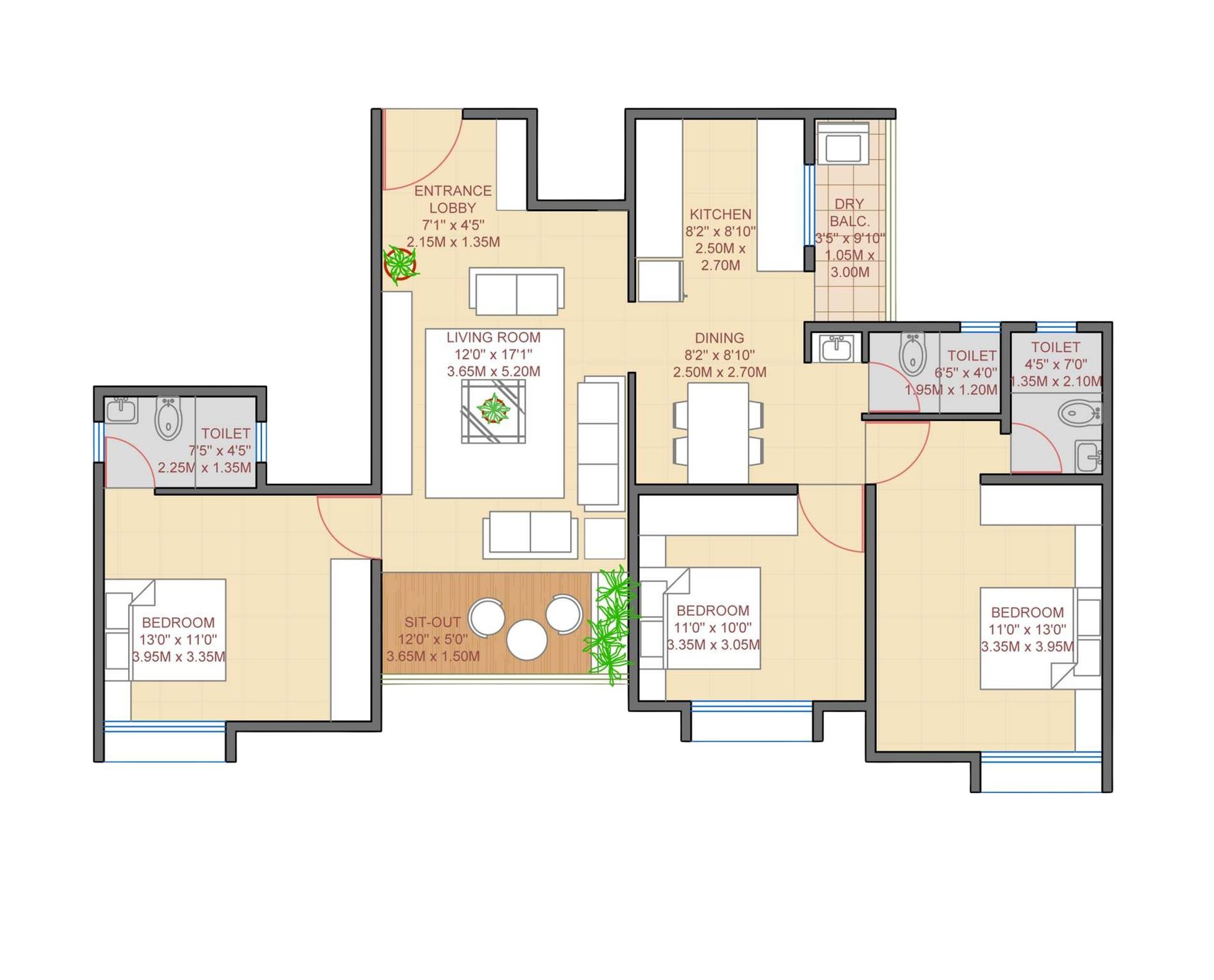 Cloud 51 3 BHK floor plan